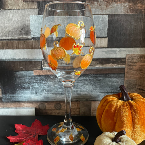Autumn Handpainted Wine Glass | Pumpkins and Leaves Fall Design