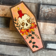 Load image into Gallery viewer, Autumn Skull Wooden Coffin Box | Pyrography Trinket Box | Woodburning Gothic Gift | Spooky Decor