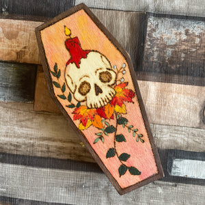 Autumn Skull Wooden Coffin Box | Pyrography Trinket Box | Woodburning Gothic Gift | Spooky Decor