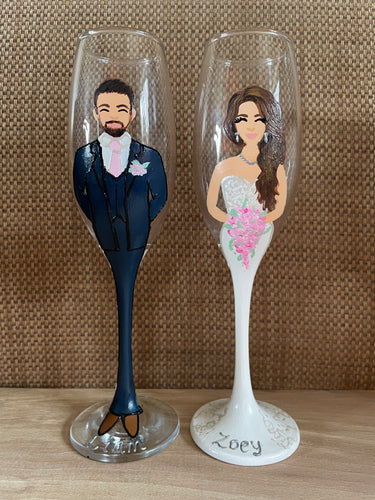 Bride and Groom Wedding Glasses | Handpainted Personalised Portrait Wine or Champagne Glasses