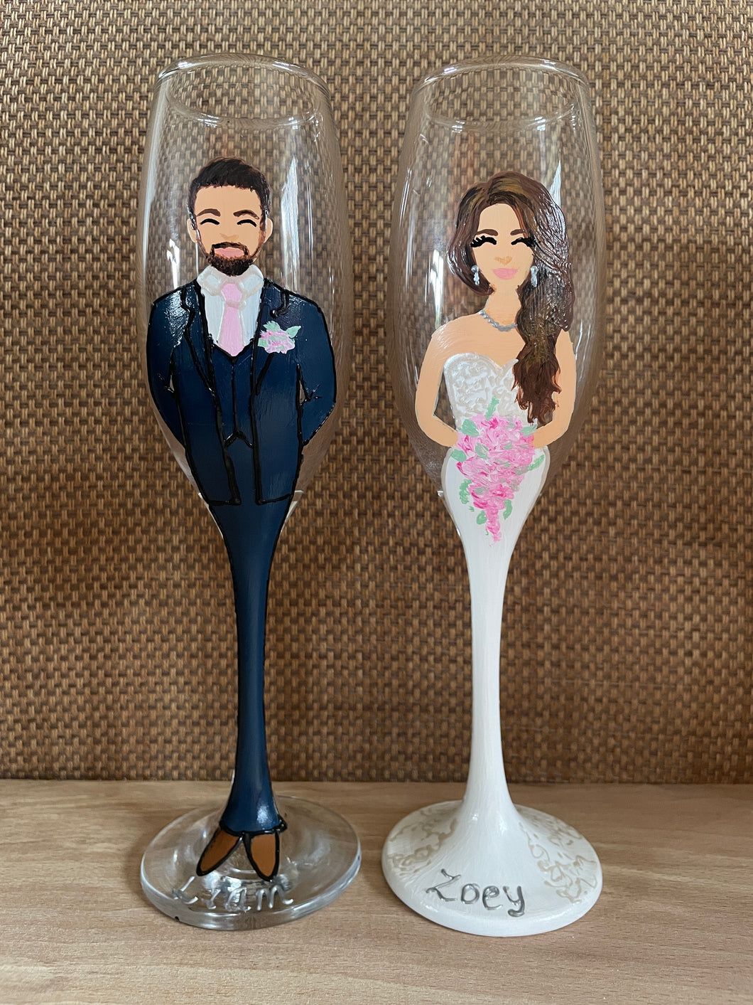 Bride and Groom Wedding Glasses | Handpainted Personalised Portrait Wine or Champagne Glasses