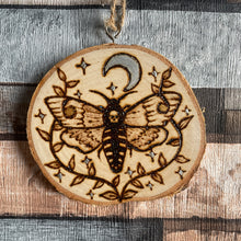 Load image into Gallery viewer, Deaths head moth Wooden Hanging Decoration | Gothic Decor | Alternative Christmas