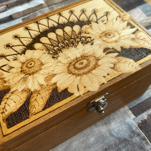 Sunflower Pyrography Wooden Box | Woodburning Jewellery Box
