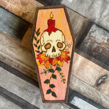 Load image into Gallery viewer, Autumn Skull Wooden Coffin Box | Pyrography Trinket Box | Woodburning Gothic Gift | Spooky Decor