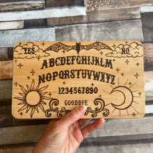 Load image into Gallery viewer, Spirit Board Wooden Chopping Board | Pyrography Ouija Design | Mystical Kitchen Decor | Hand-Burned Witchcraft Gift | Gothic Occult Style