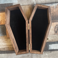 Load image into Gallery viewer, Autumn Skull Wooden Coffin Box | Pyrography Trinket Box | Woodburning Gothic Gift | Spooky Decor
