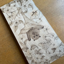 Load image into Gallery viewer, Original Pyrography Artwork ‘Hanging Around’  | Features a Bat, Lunamoths and Moonflowers on Beech wood | Woodburning Art