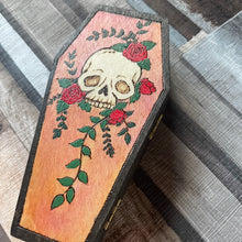 Load image into Gallery viewer, Skull and Flowers Coffin Box - Pyrography - Woodburning