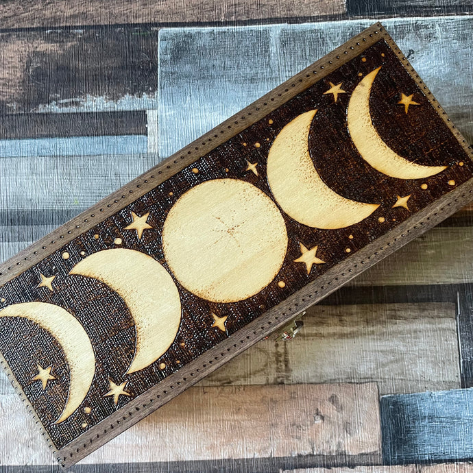 Wooden Box with Moon Phases Design - Pyrography - Woodburning