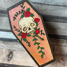 Load image into Gallery viewer, Skull and Flowers Coffin Box - Pyrography - Woodburning