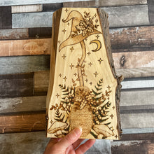 Load image into Gallery viewer, Forest Witch Broomstick Art| Pyrography Witchcraft Decor | Hand-Burned Wooden Broom Altar Art| Wiccan Artwork | Handmade