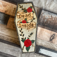 Load image into Gallery viewer, Dead Inside Gothic Wooden Coffin Box | Woodburning Trinket Box | Pyrography Handburned Jewellery Box | Goth Gift