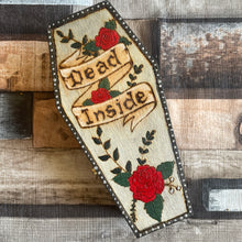Load image into Gallery viewer, Dead Inside Gothic Wooden Coffin Box | Woodburning Trinket Box | Pyrography Handburned Jewellery Box | Goth Gift