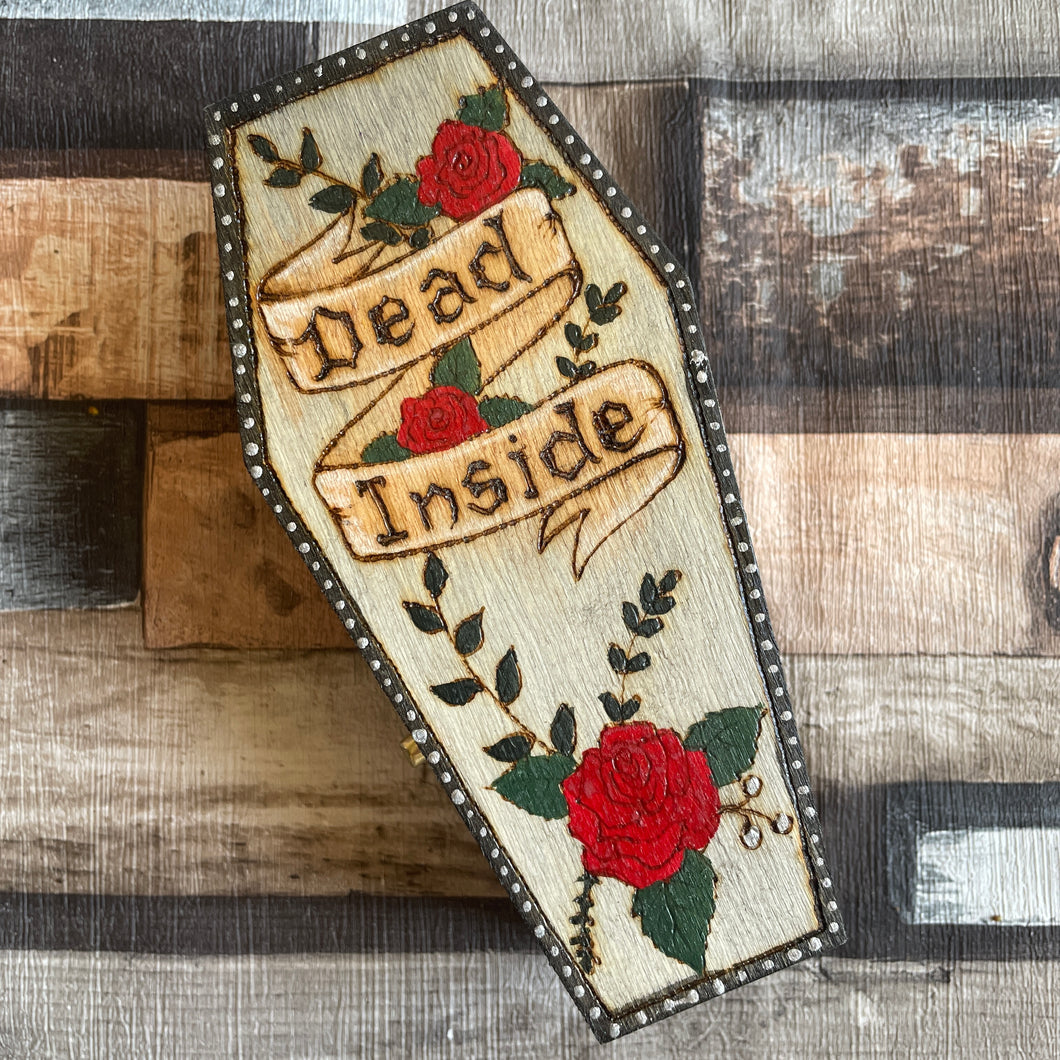 Dead Inside Gothic Wooden Coffin Box | Woodburning Trinket Box | Pyrography Handburned Jewellery Box | Goth Gift
