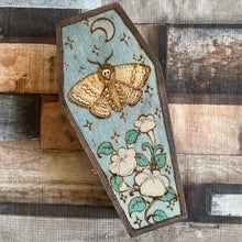 Load image into Gallery viewer, Deaths Head Moth Woodburned Coffin Box | Pyrography Trinket Box | Witch Gift | Handburned Wooden Box