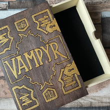 Load image into Gallery viewer, Vampyr Wooden Box | Book Shaped Pyrography Box | Woodburning | Buffy inspired