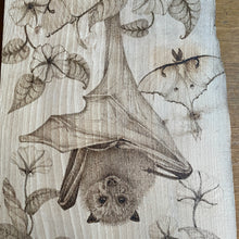 Load image into Gallery viewer, Original Pyrography Artwork ‘Hanging Around’  | Features a Bat, Lunamoths and Moonflowers on Beech wood | Woodburning Art