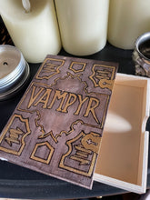 Load image into Gallery viewer, Vampyr Wooden Box | Book Shaped Pyrography Box | Woodburning | Buffy inspired