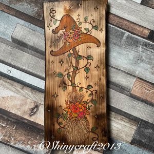 Witches Autumn Broomstick Artwork, Woodburning, Pyrography, Handpainted