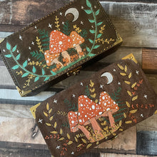 Load image into Gallery viewer, Wooden boxes with mushrooms and leaf designs, woodburned and painted in metallic paints with a dark oak background 