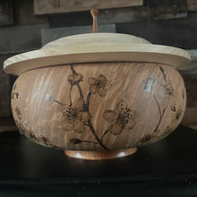 Load image into Gallery viewer, Handturned Wooden Bowl and Lid with Woodburned Cherry Blossom Design, Pyrography Art