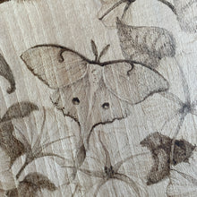 Load image into Gallery viewer, Original Pyrography Artwork ‘Hanging Around’  | Features a Bat, Lunamoths and Moonflowers on Beech wood | Woodburning Art