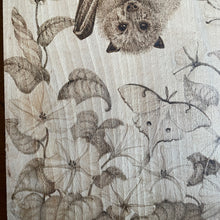 Load image into Gallery viewer, Original Pyrography Artwork ‘Hanging Around’  | Features a Bat, Lunamoths and Moonflowers on Beech wood | Woodburning Art