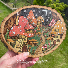 Load image into Gallery viewer, Fae Mushroom Village Pyrography Art, Woodburning