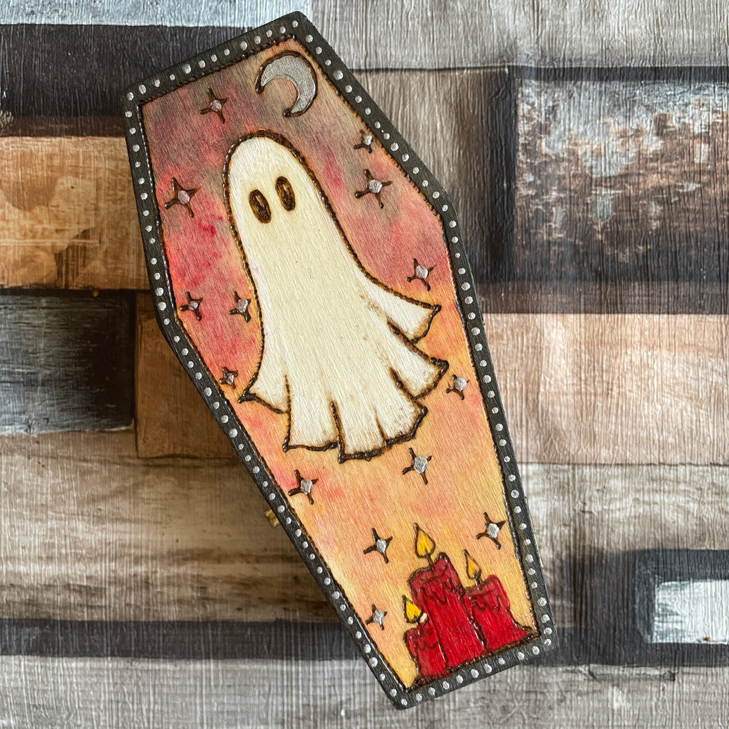 Ghost Wooden Coffin Box | Woodburning Gothic Decor | Pyrography Trinket Box | Halloween Decor