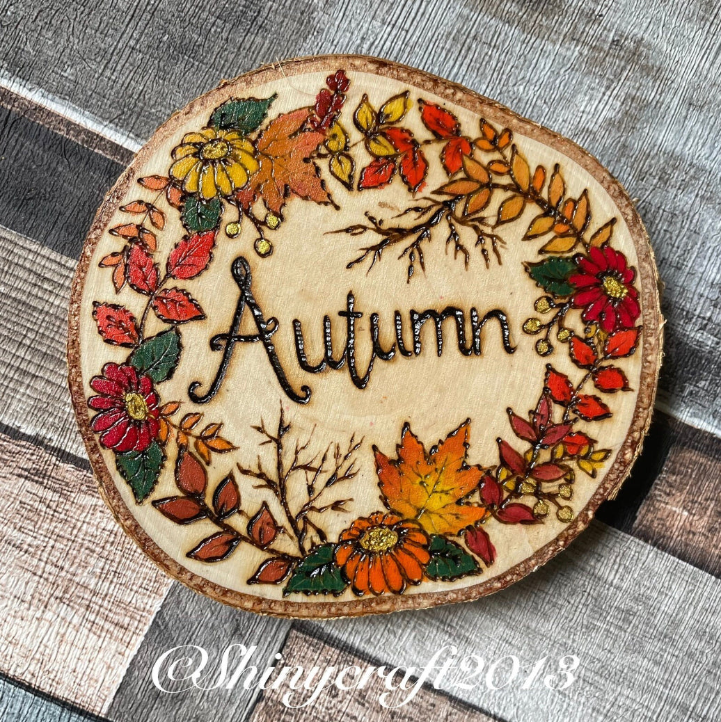 Autumn Wooden Sign - Round - Pyrography - Woodburning