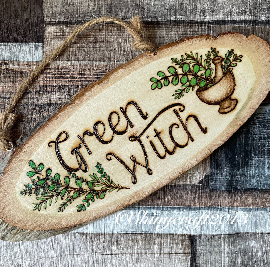 Green Witch Wooden Sign - Pyrography -Woodburning