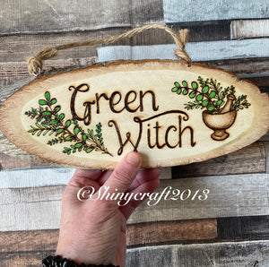 Green Witch Wooden Sign - Pyrography -Woodburning