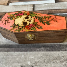 Load image into Gallery viewer, Skull and Flowers Coffin Box - Pyrography - Woodburning