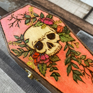 Skull and Flowers Coffin Box - Pyrography - Woodburning