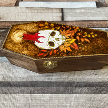 Load image into Gallery viewer, Autumn Skull Coffin Box - Pyrography - Woodburning