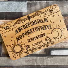 Load image into Gallery viewer, Spirit Board Wooden Chopping Board | Pyrography Ouija Design | Mystical Kitchen Decor | Hand-Burned Witchcraft Gift | Gothic Occult Style