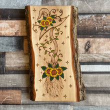 Load image into Gallery viewer, Handmade Woodburned Witch’s Broomstick &amp; Sunflowers | Rustic Pyrography Wall Art | Cottagecore Witch Decor | Magical Botanical Gift