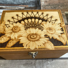 Load image into Gallery viewer, Sunflower Pyrography Wooden Box | Woodburning Jewellery Box