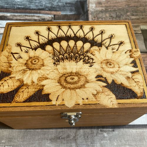 Sunflower Pyrography Wooden Box | Woodburning Jewellery Box