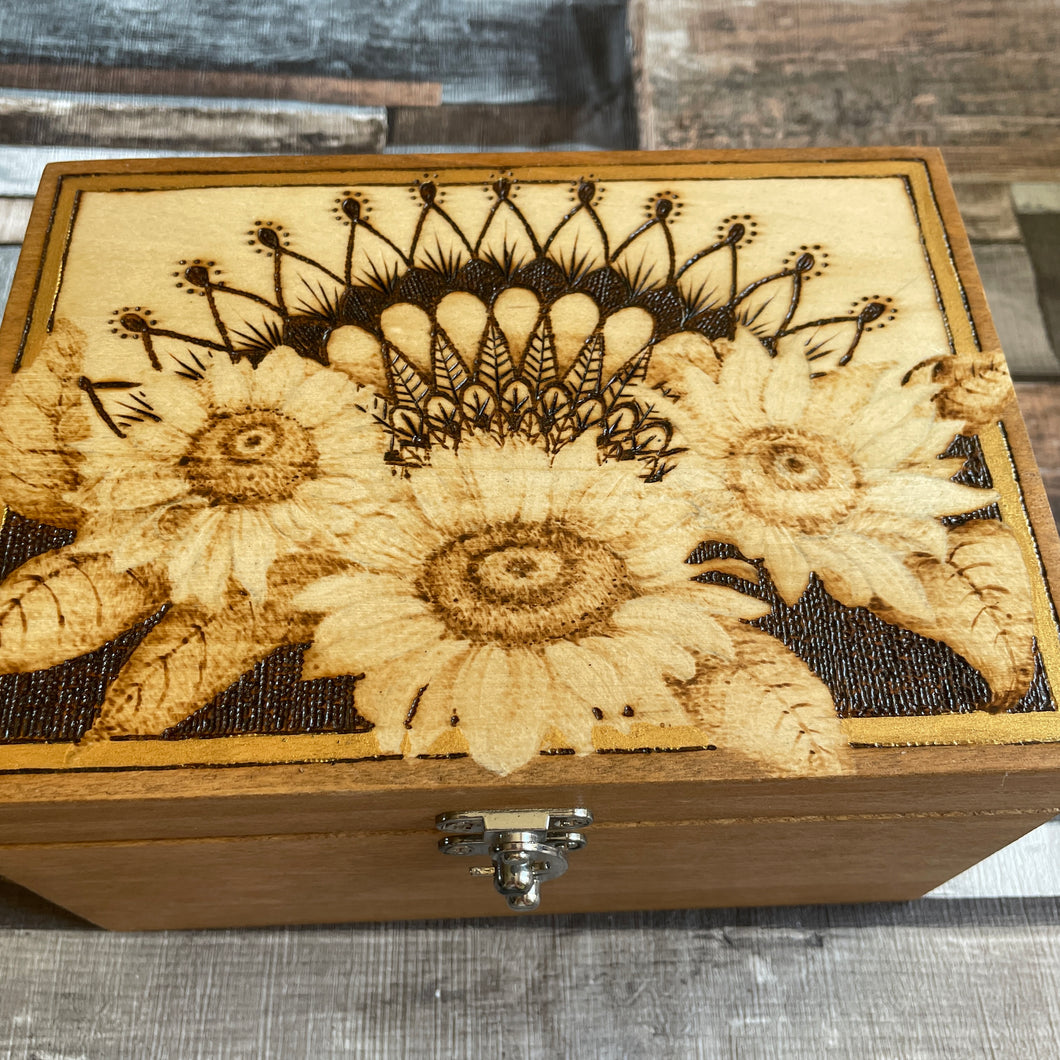 Sunflower Pyrography Wooden Box | Woodburning Jewellery Box