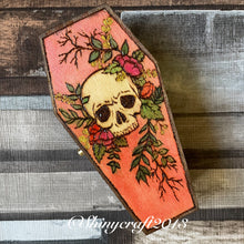 Load image into Gallery viewer, Skull and Flowers Coffin Box - Pyrography - Woodburning