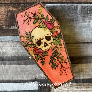 Skull and Flowers Coffin Box - Pyrography - Woodburning