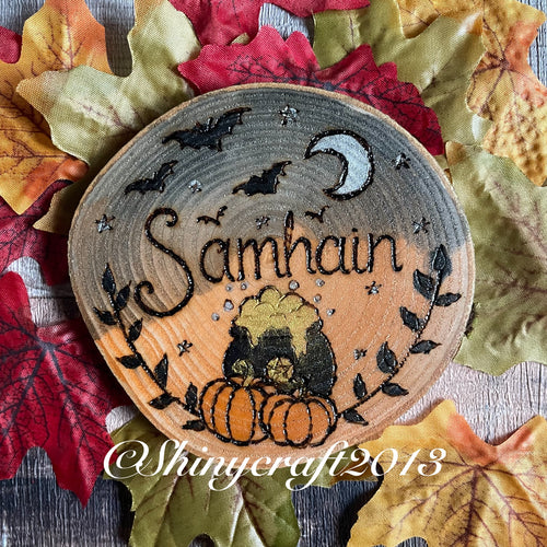 Samhain Altar Decoration - Woodburning- Pyrography Wood Slice