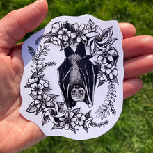 Load image into Gallery viewer, Bat and Flowers Sticker from original black and white ink art