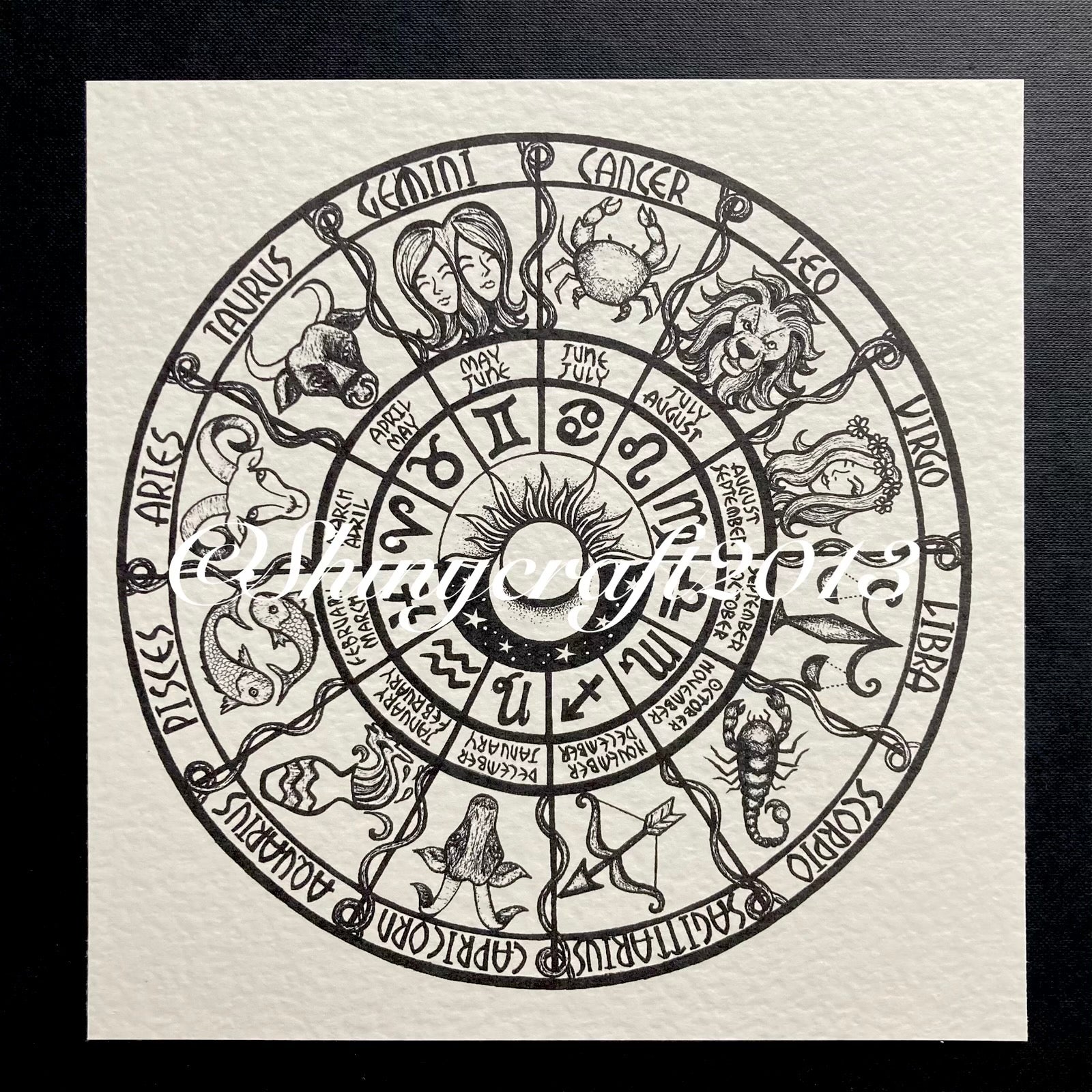 Zodiac Wheel Art Print of my original handdrawn Astrology Wheel