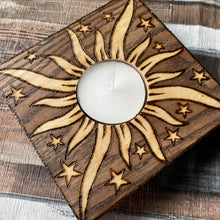 Load image into Gallery viewer, Sun and Moon Wooden Tealight Holders - Woodburning - Pyrography