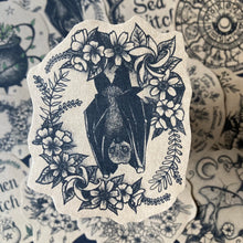Load image into Gallery viewer, Bat and Flowers Sticker from original black and white ink art