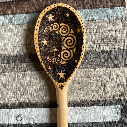 Crescent moon wooden spoon, pyrography