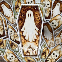 Load image into Gallery viewer, Coffin Shaped Stickers featuring Ghost, Skull or Bat designs