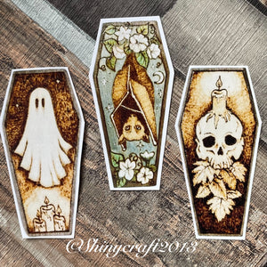 Coffin Shaped Stickers featuring Ghost, Skull or Bat designs